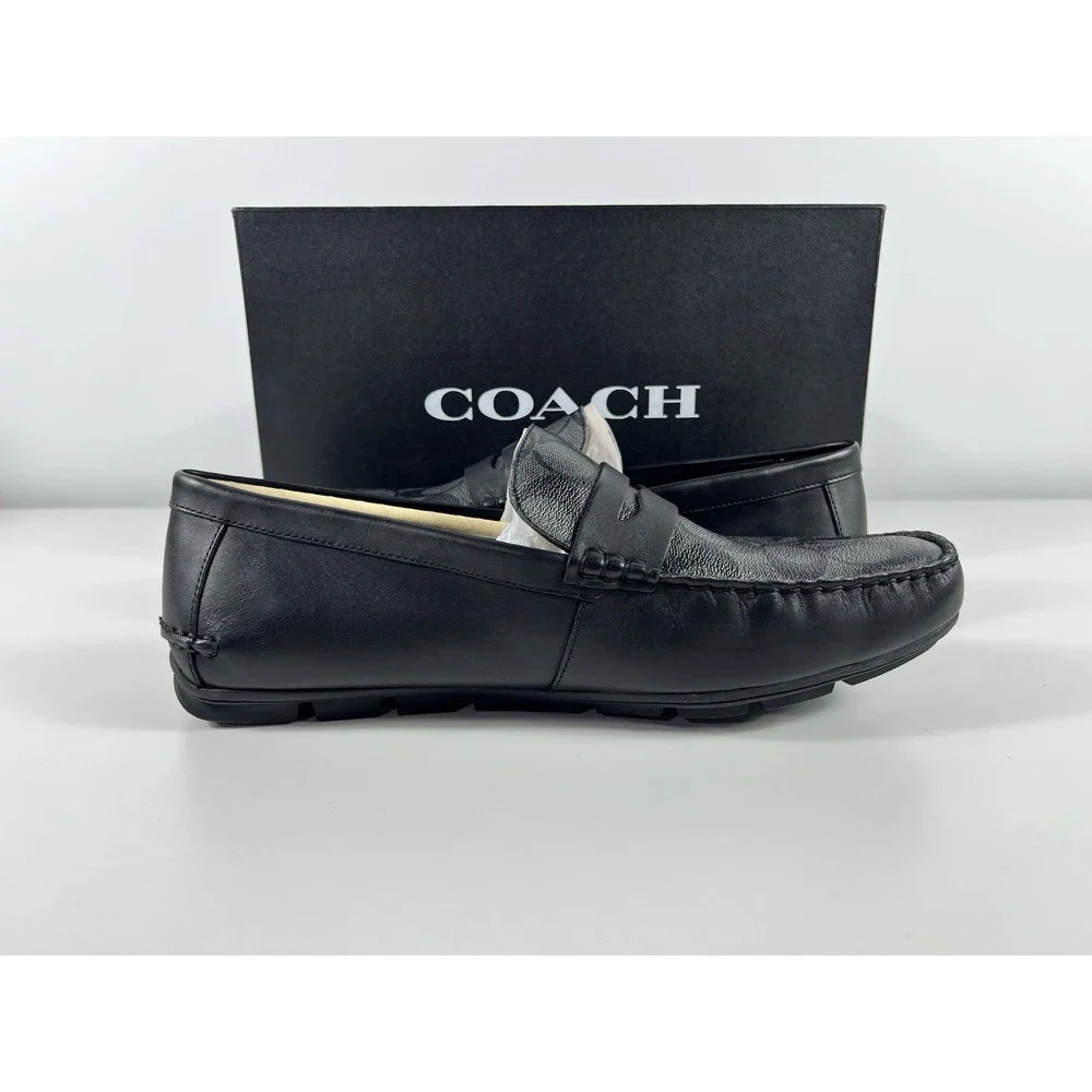 COACH Men's Shoes Loafer Size 12 US Black Leather MOTT DRIVER SIG PVC